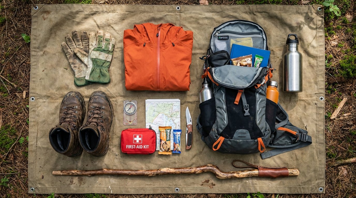 Ultimate Gorilla Trekking in Uganda Guide 11 Essential packing gear for gorilla trekking in Uganda, including hiking boots, gloves, rain jacket, backpack and water bottles