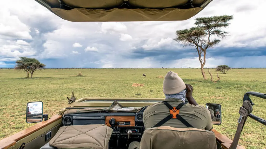 Rwanda vs Uganda Safari: Which Is Best? 2026/2027 37 Traveler viewing wildlife from an open safari vehicle across a wide savannah landscape, representing the best time for a Rwanda vs Uganda safari