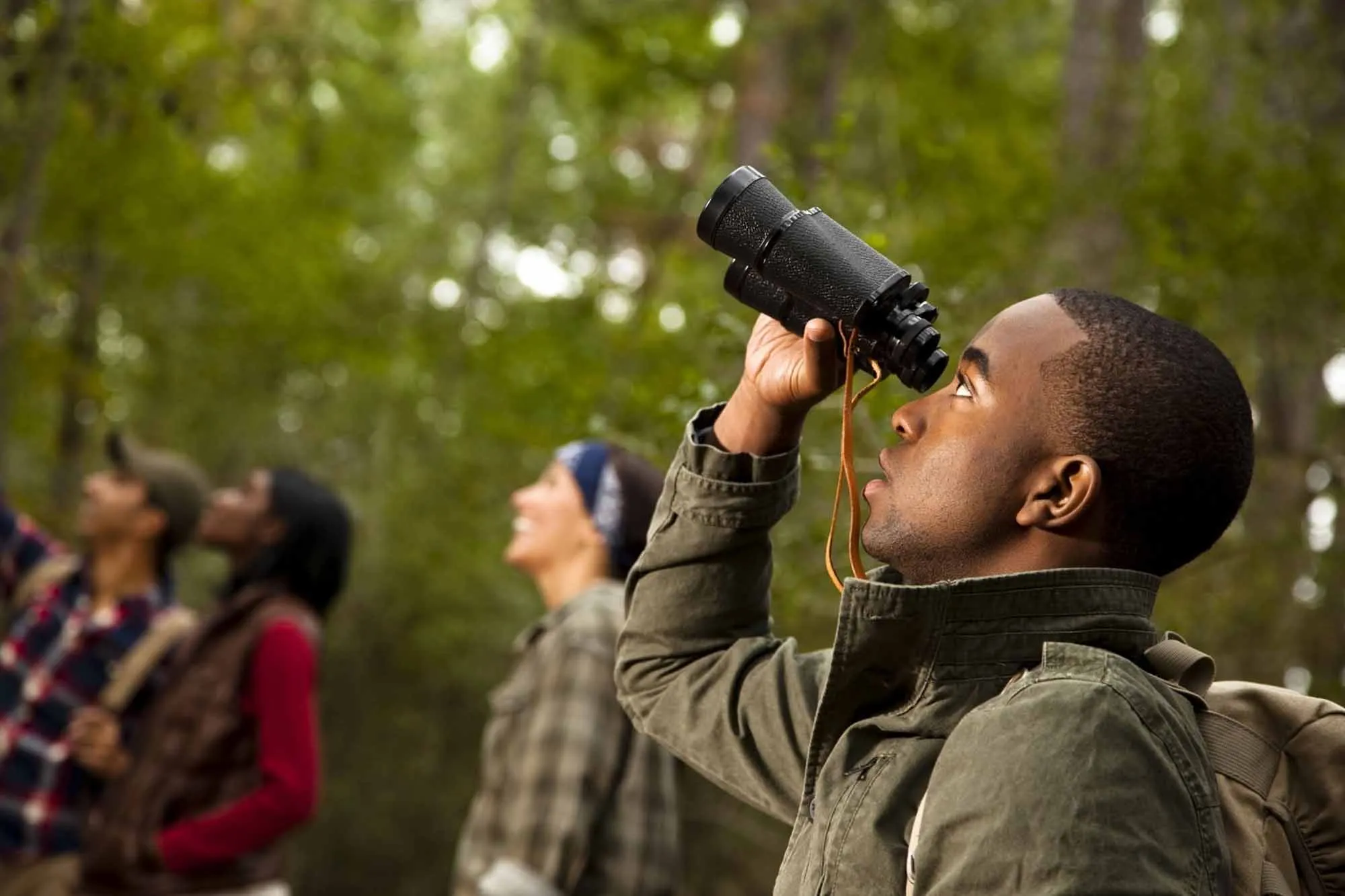Birdwatcher using binoculars to search the forest canopy during a guided Rwanda birding safari