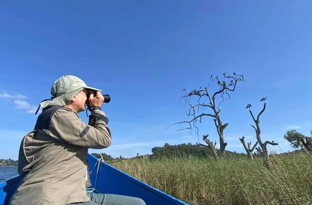 A birdwatcher uses binoculars on a blue boat near trees with birds in Uganda.