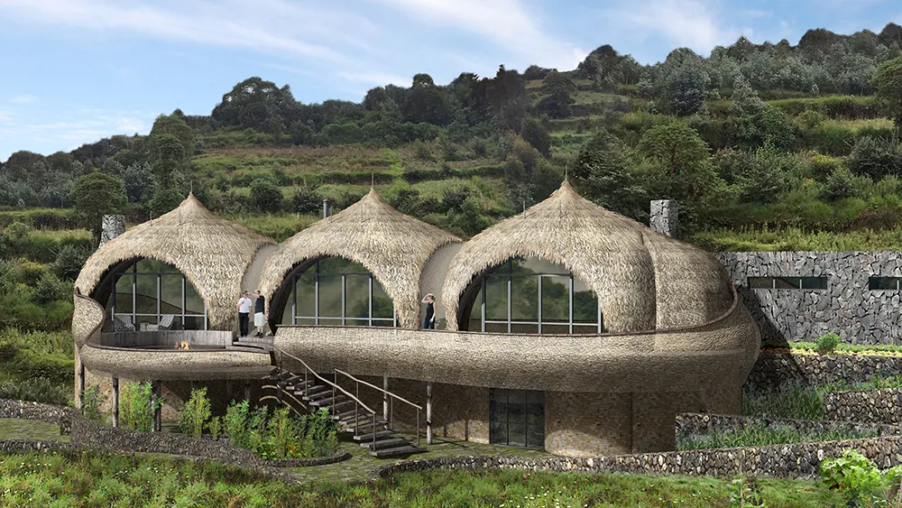 Volcanoes National Park Guide: Best Safari Tips in 2026/2027 19 Bisate Lodge with distinctive thatched villas set on green hills near Volcanoes National Park in Rwanda