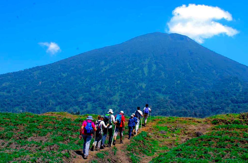 Volcanoes National Park Guide: Best Safari Tips in 2026/2027 11 Hikers trekking toward Mount Karisimbi during a volcano climbing adventure in Rwanda’s Virunga Mountains