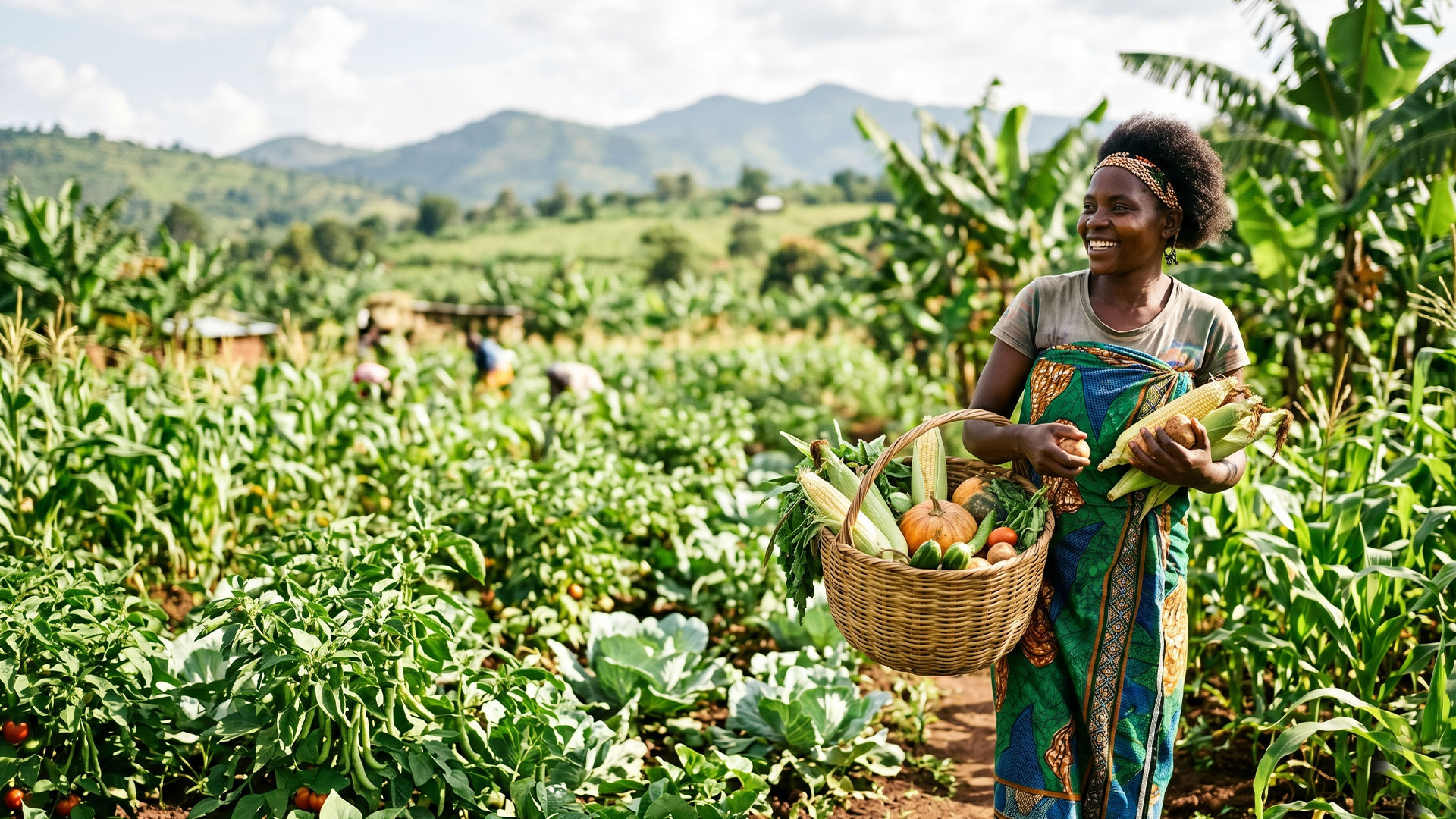 Uganda Food Guide 125 A farmer proudly displays her fresh harvest of corn and vegetables in a thriving, sunlit field.