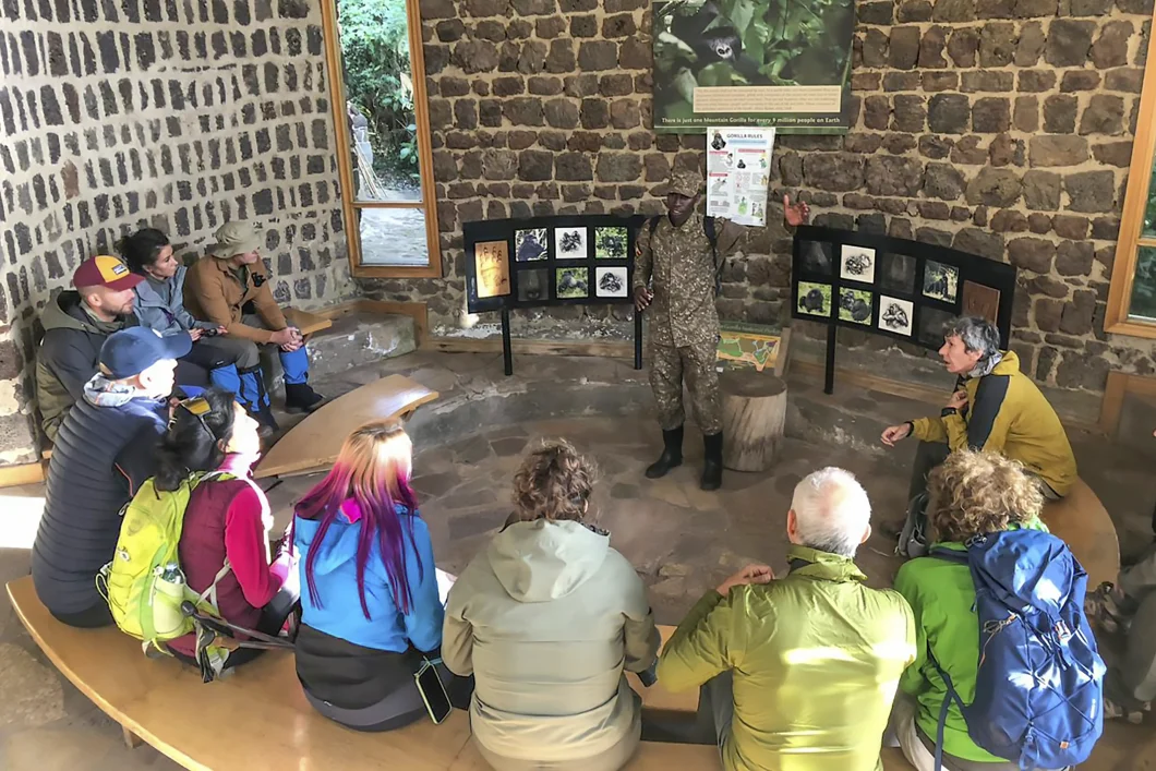 Best Luxury Fly-In Gorilla Safaris to Bwindi: 2026/2027 Guide 41 Gorilla trekkers attending a Uganda Wildlife Authority briefing before gorilla trekking in Bwindi Impenetrable National Park
