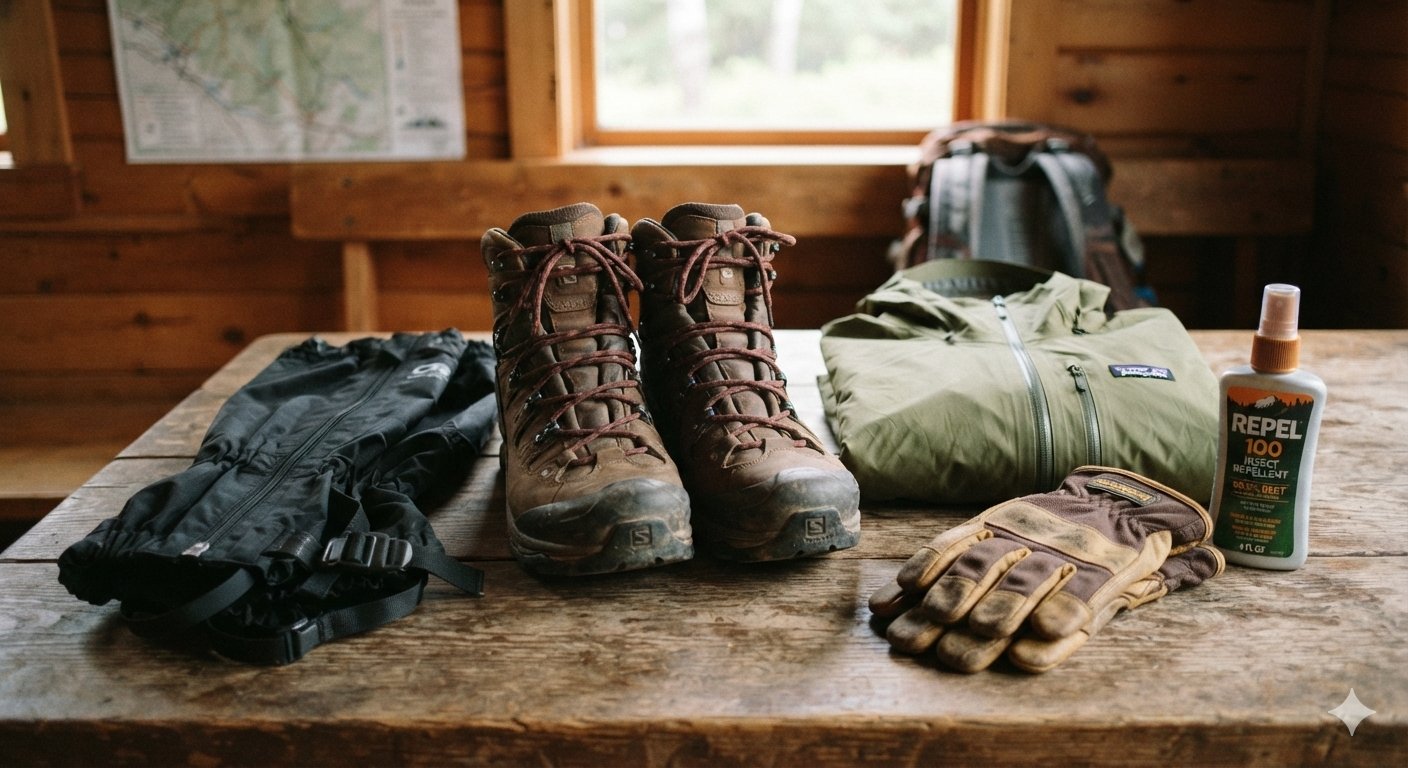 Nkuringo Gorilla Trekking Guide 15 Hiking boots, gaiters, garden gloves, rain jacket, and insect repellent arranged on a table