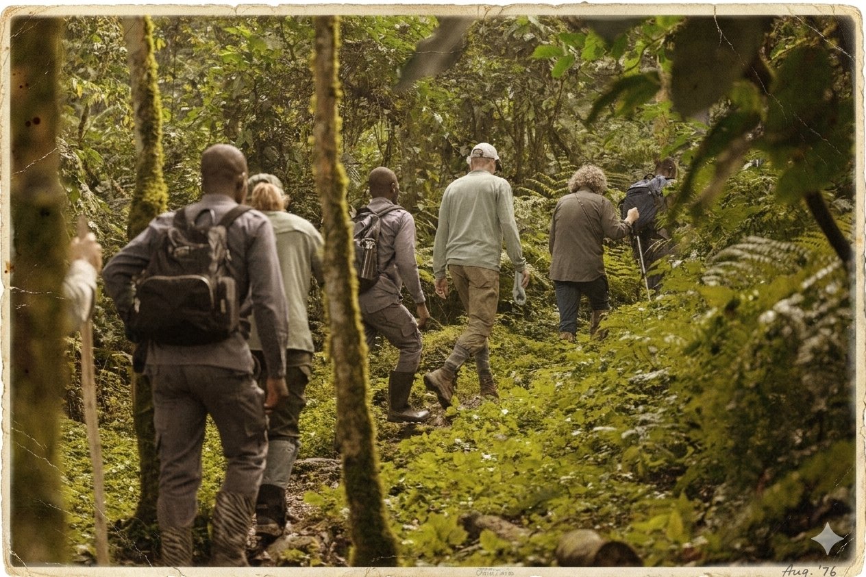 Nkuringo Gorilla Trekking Guide 5 Park rangers and trackers walking into Bwindi forest in the early 2000s