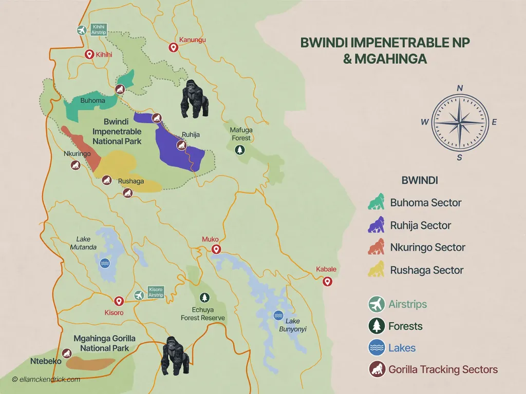 Nkuringo Gorilla Trekking Guide 3 Map showing the location of Nkuringo sector in southern Bwindi Uganda