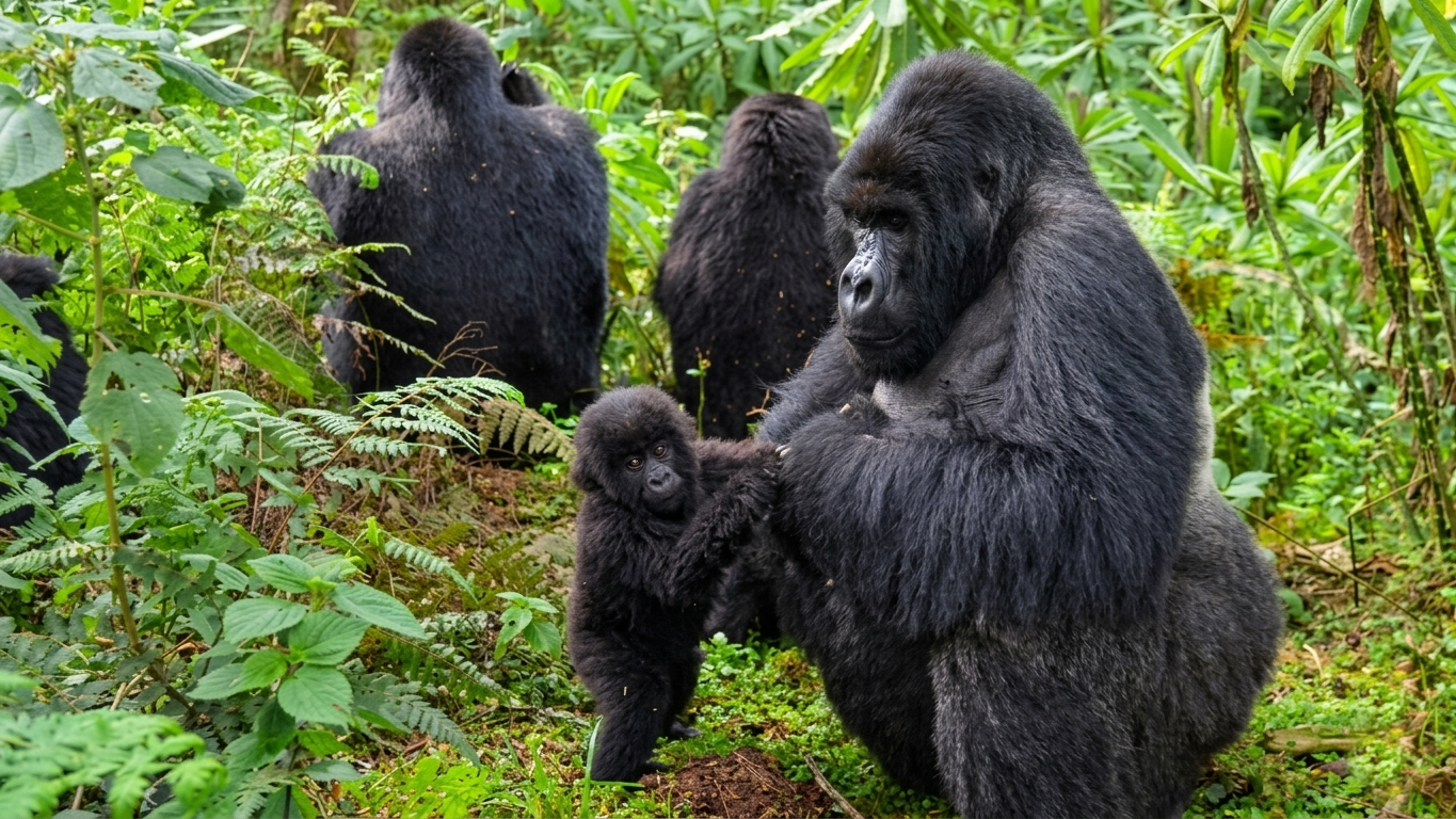 Uganda Safari FAQs 11 A young gorilla playing in the trees of the tropical forest