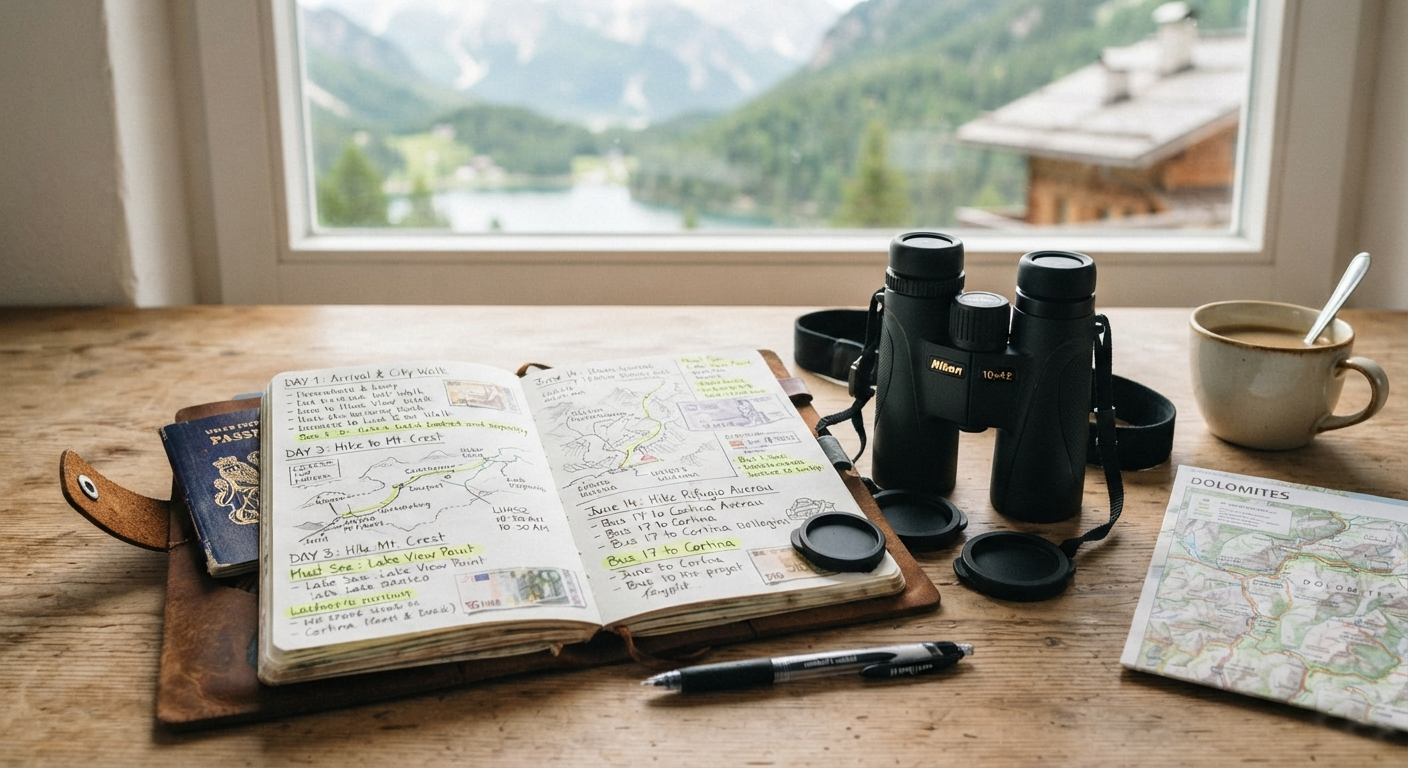 Kidepo Valley Safari 25 Itinerary notes and binoculars laid out on a table