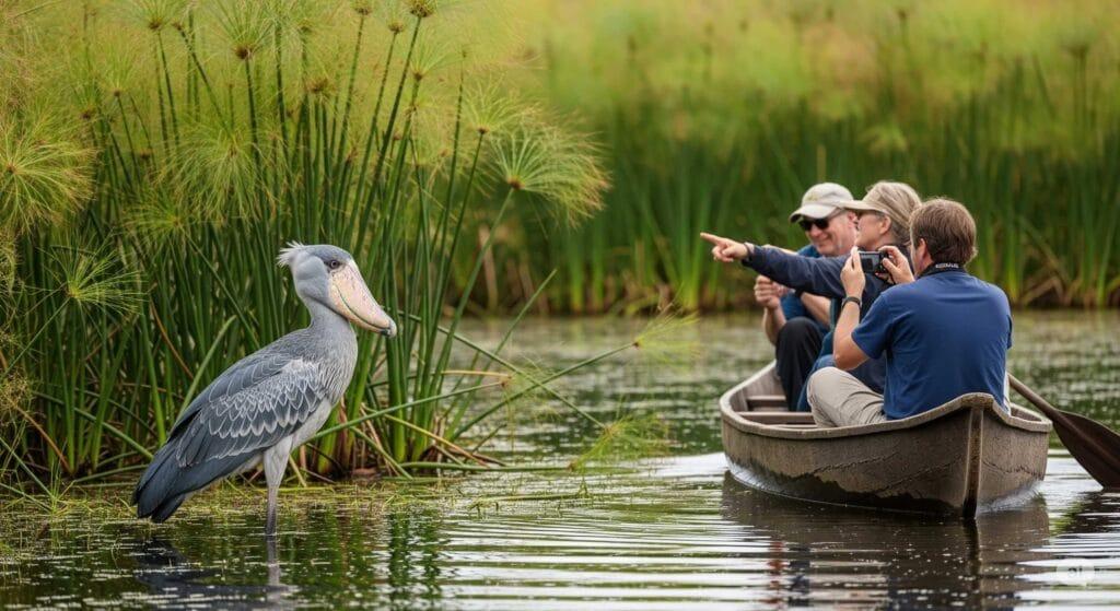 Tourists photographing a shoebill from a canoe during shoebill tracking in Uganda