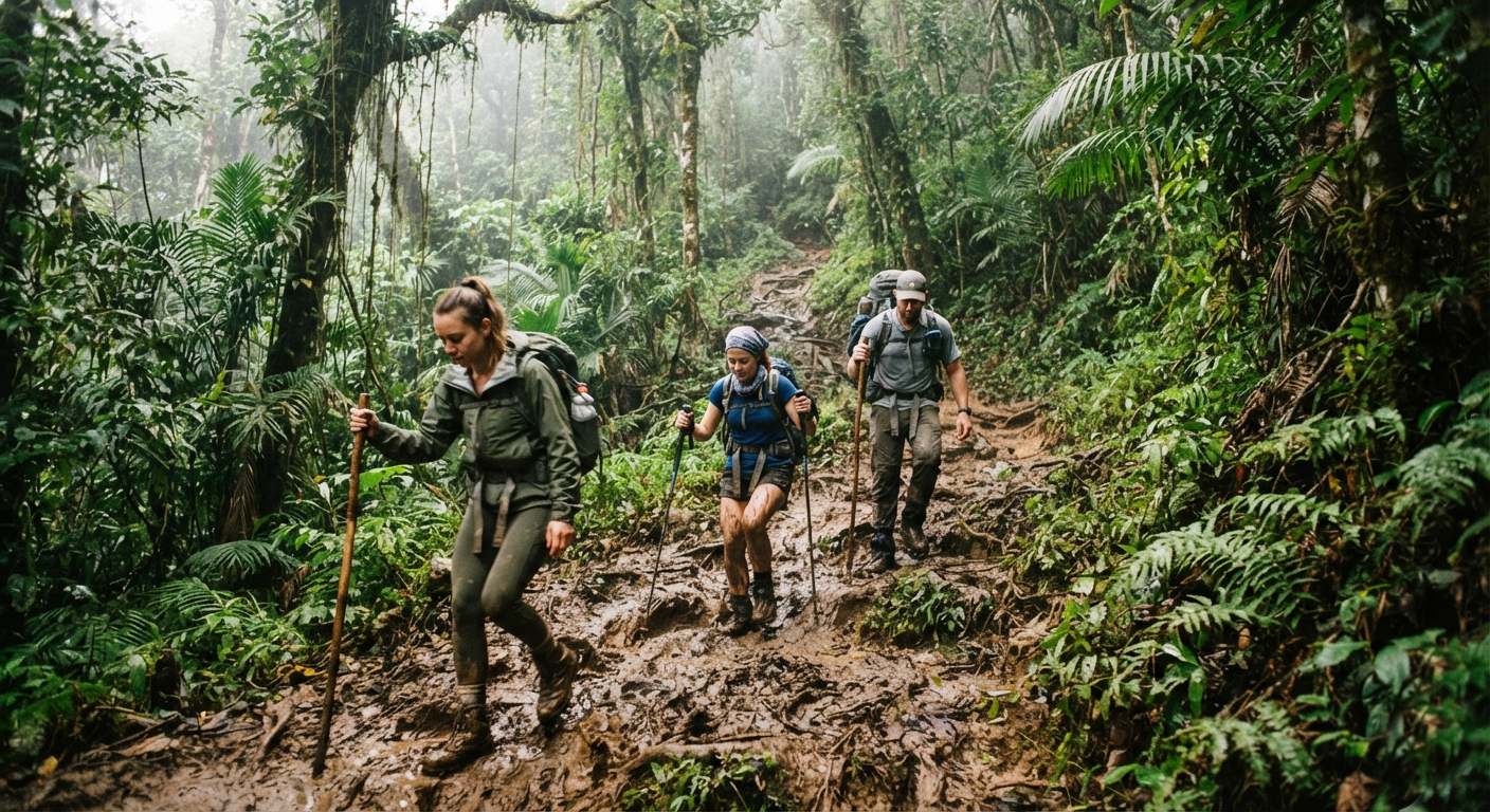 Uganda Safari FAQs 15 Hikers navigating a steep, muddy jungle trail with walking sticks