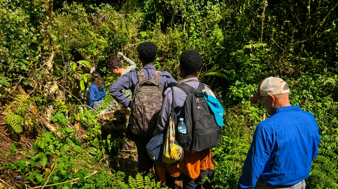 Uganda Safari FAQs 21 A tracker leading visitors through a thick green African forest