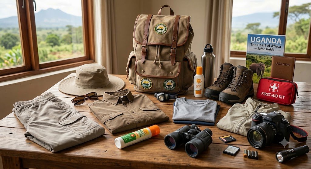 Incredible Uganda Wildlife Encounters: Ultimate Safari Guide 2026/2027 49 Uganda wildlife safari packing essentials including hiking boots, backpack, binoculars, camera, safari clothing, sunscreen and first aid kit
