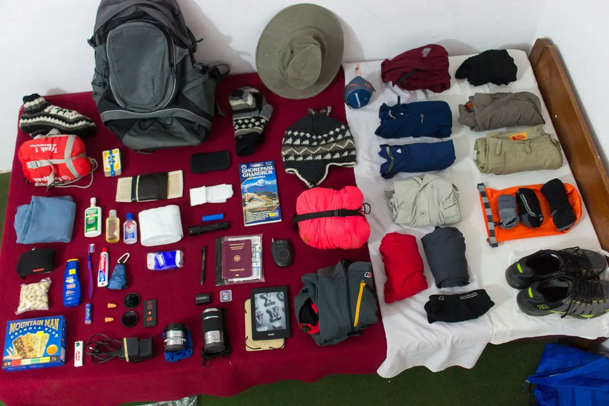 Gorilla trekking packing essentials including hiking boots, backpack, clothing, hat, camera equipment and travel documents for a gorilla trek from Rwanda