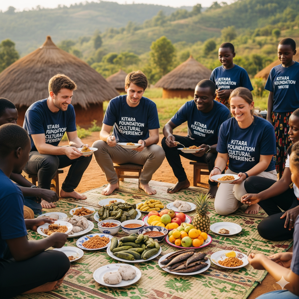 Uganda Culture Guide 17 People sharing traditional Ugandan dishes outdoors at Kitara Foundation.