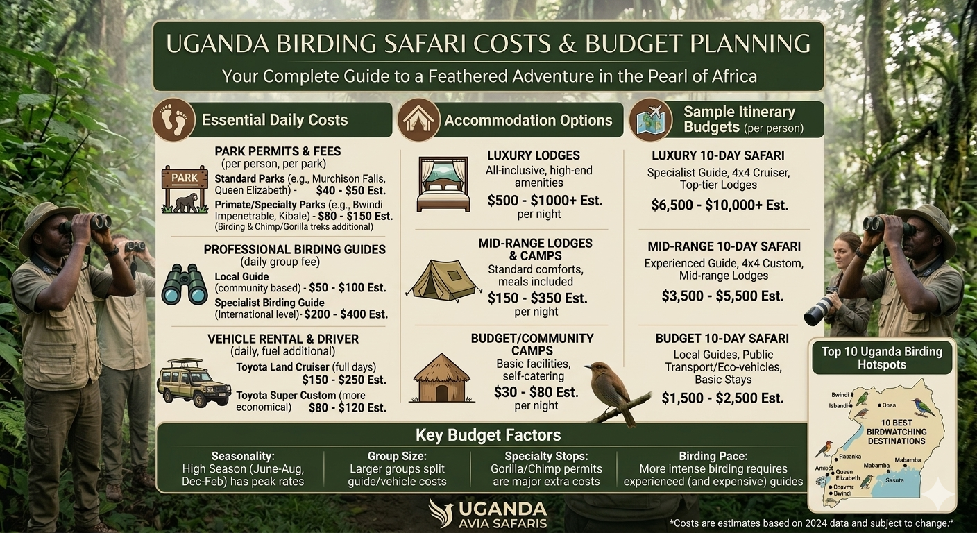 Infographic of Uganda birding safari costs, budgets, and park fees.