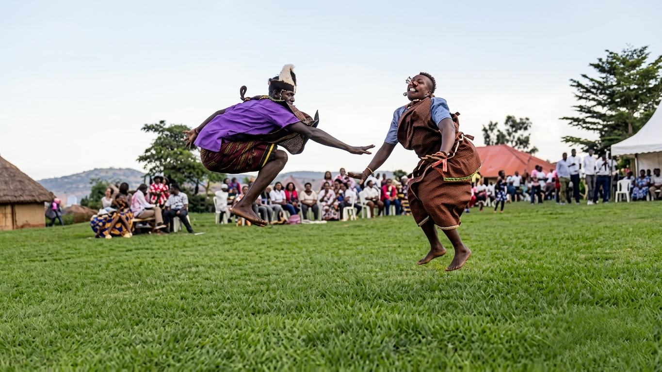Uganda Culture Guide 19 Two dancers jumping dynamically on grass during a cultural event.