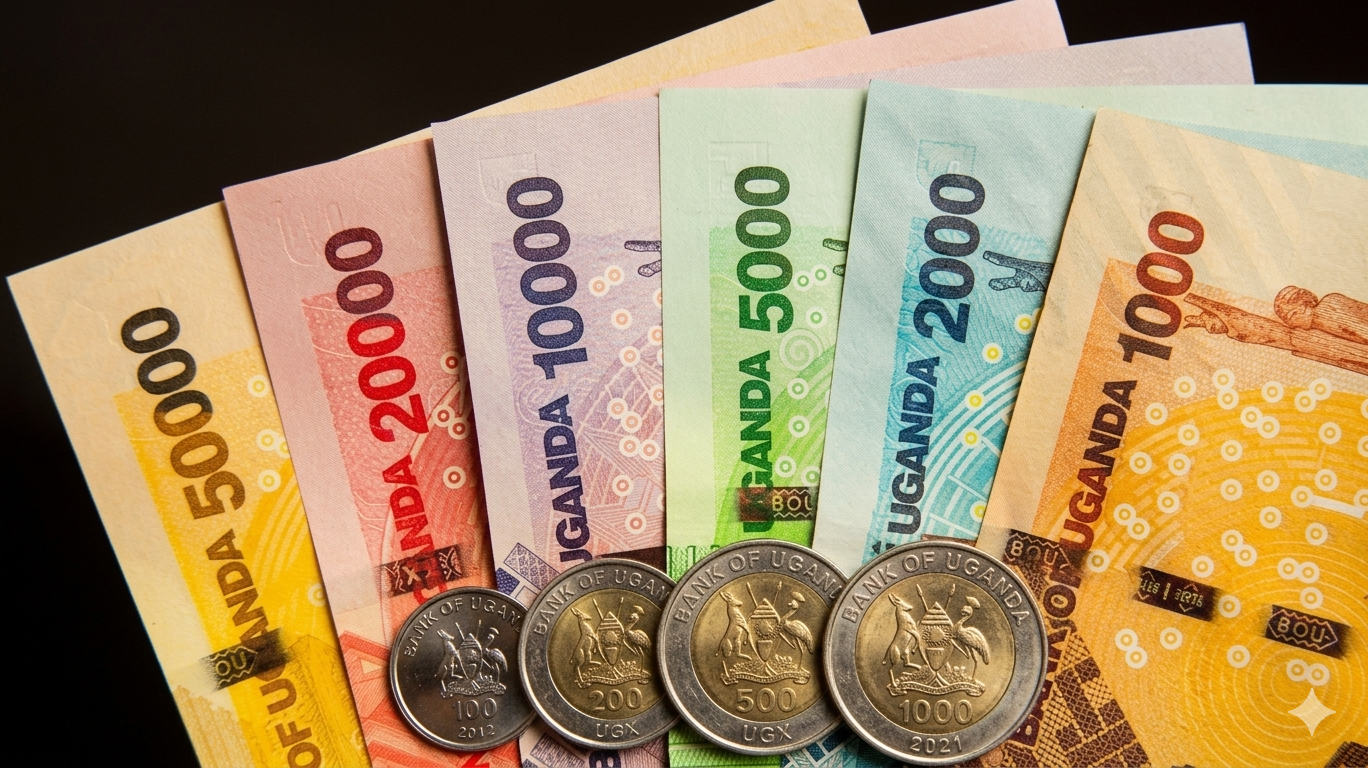 Uganda Currency Guide 3 Six multi-colored Ugandan shilling banknotes arranged next to four coins.