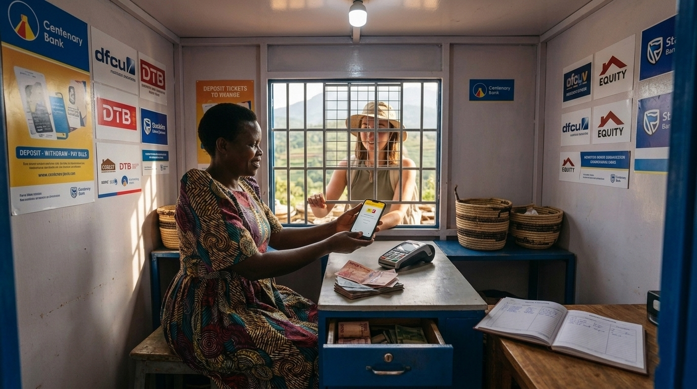 Uganda Currency Guide 9 A traveler uses mobile money at a Ugandan agent banking kiosk.