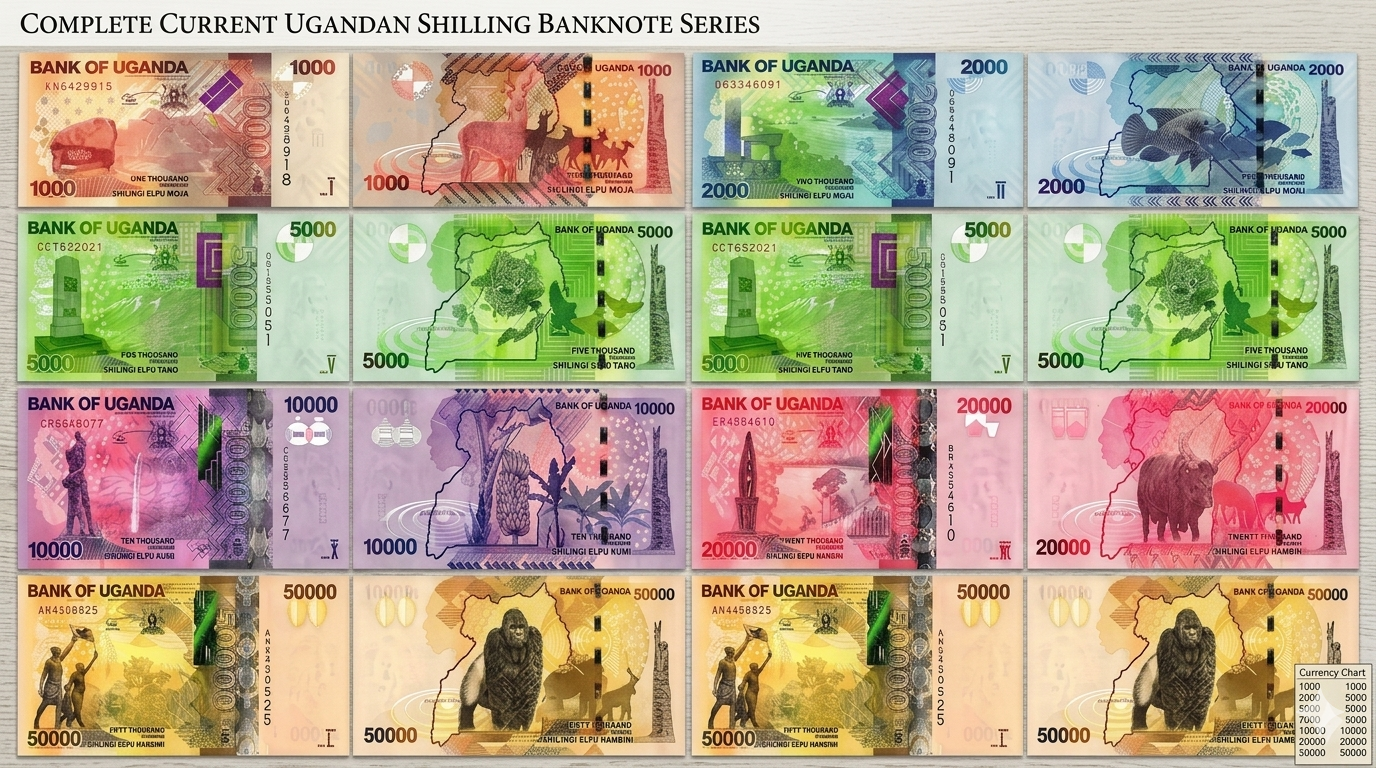 Uganda Currency Guide 1 Display of all current Ugandan Shilling banknotes from 1,000 to 50,000.