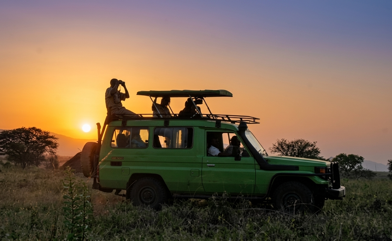 Birdwatchers scouting with binoculars from a green safari vehicle at sunset.