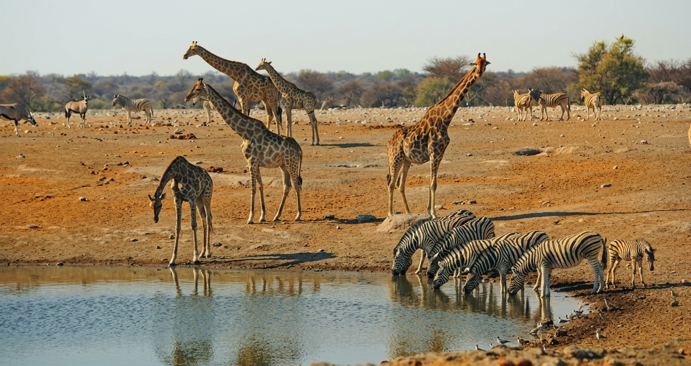 Uganda Weather Guide 7 Giraffes and zebras drinking at a dry safari waterhole
