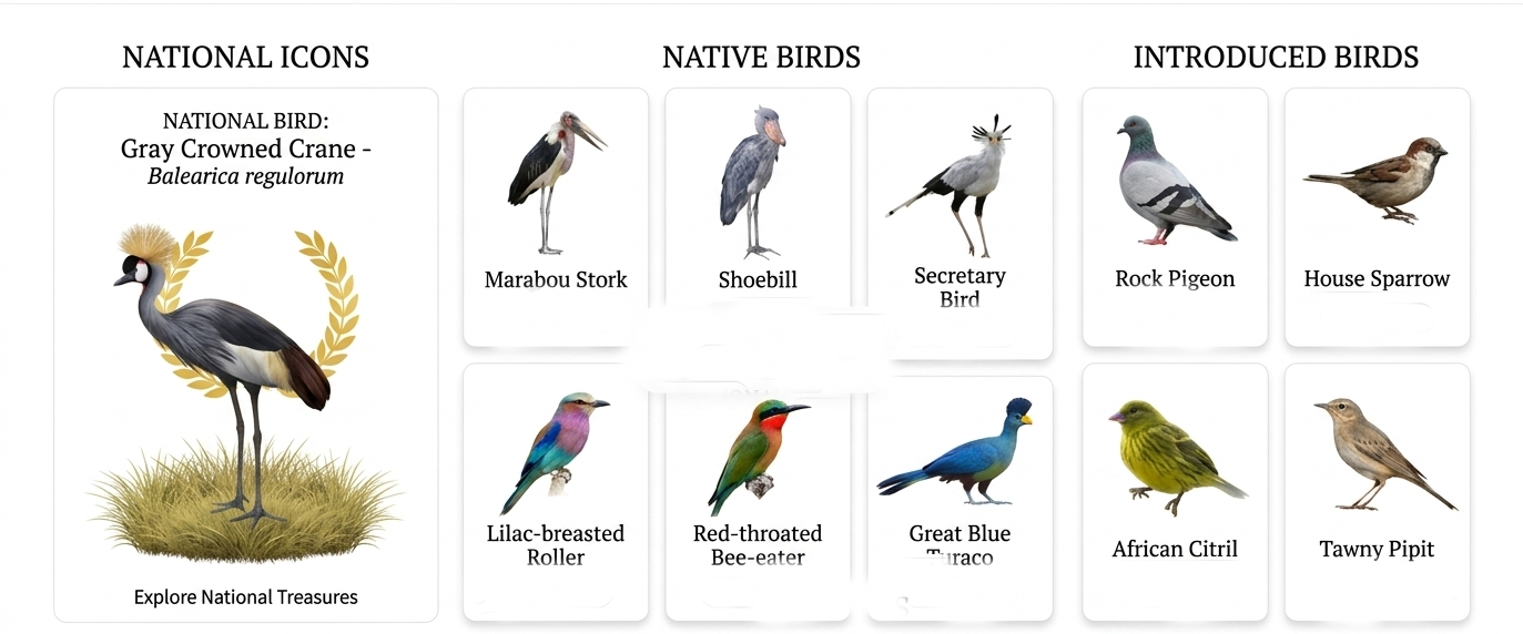 A landscape web grid layout titled "Avian Wonders of Uganda: A Digital Field Guide" showcasing species cards for a Uganda birding safari, organized into National Icons, Native & Endemic Birds, and Regional & Introduced Birds on a pure white background.