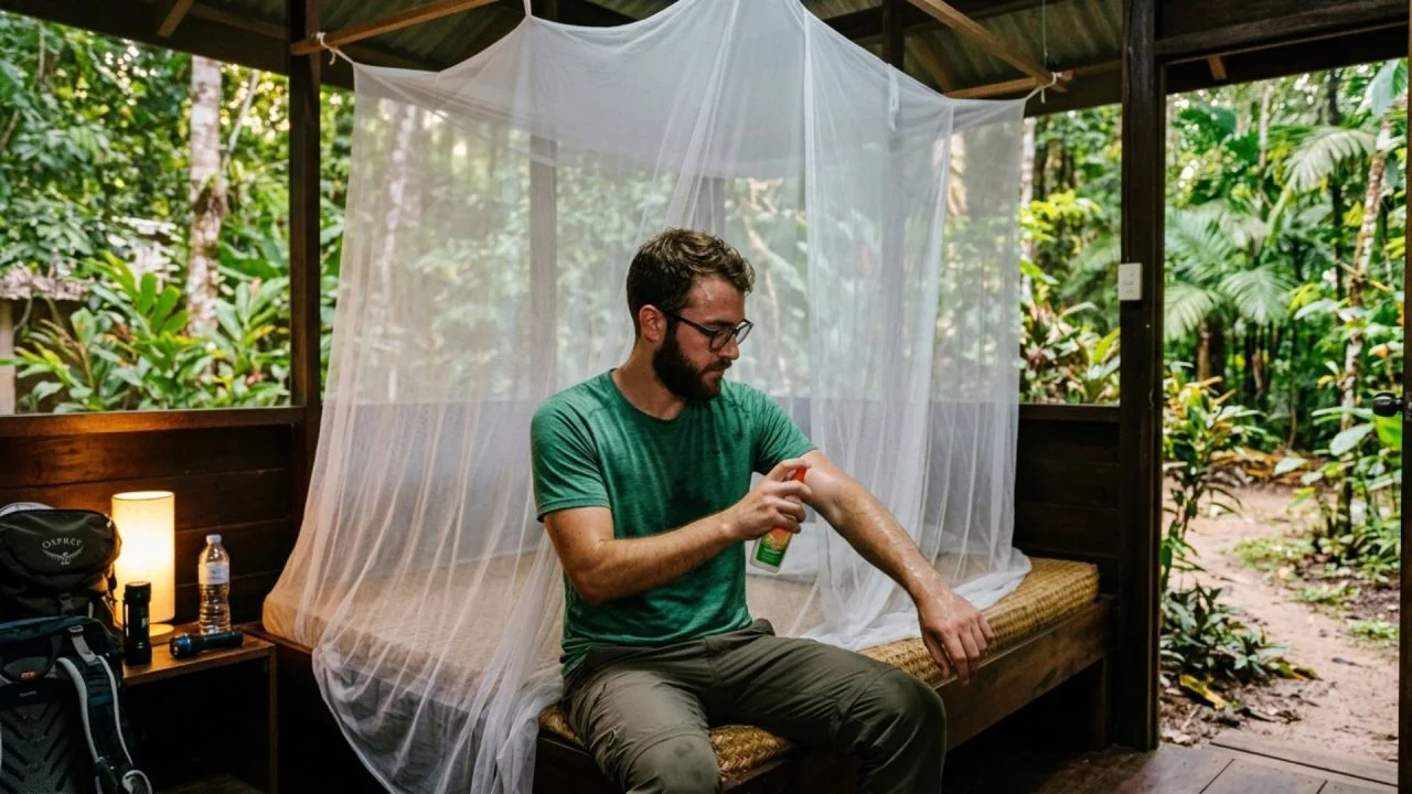 What to Pack for Kibale National Park 23 Traveler applying insect repellent beside a mosquito net before visiting a tropical forest destination