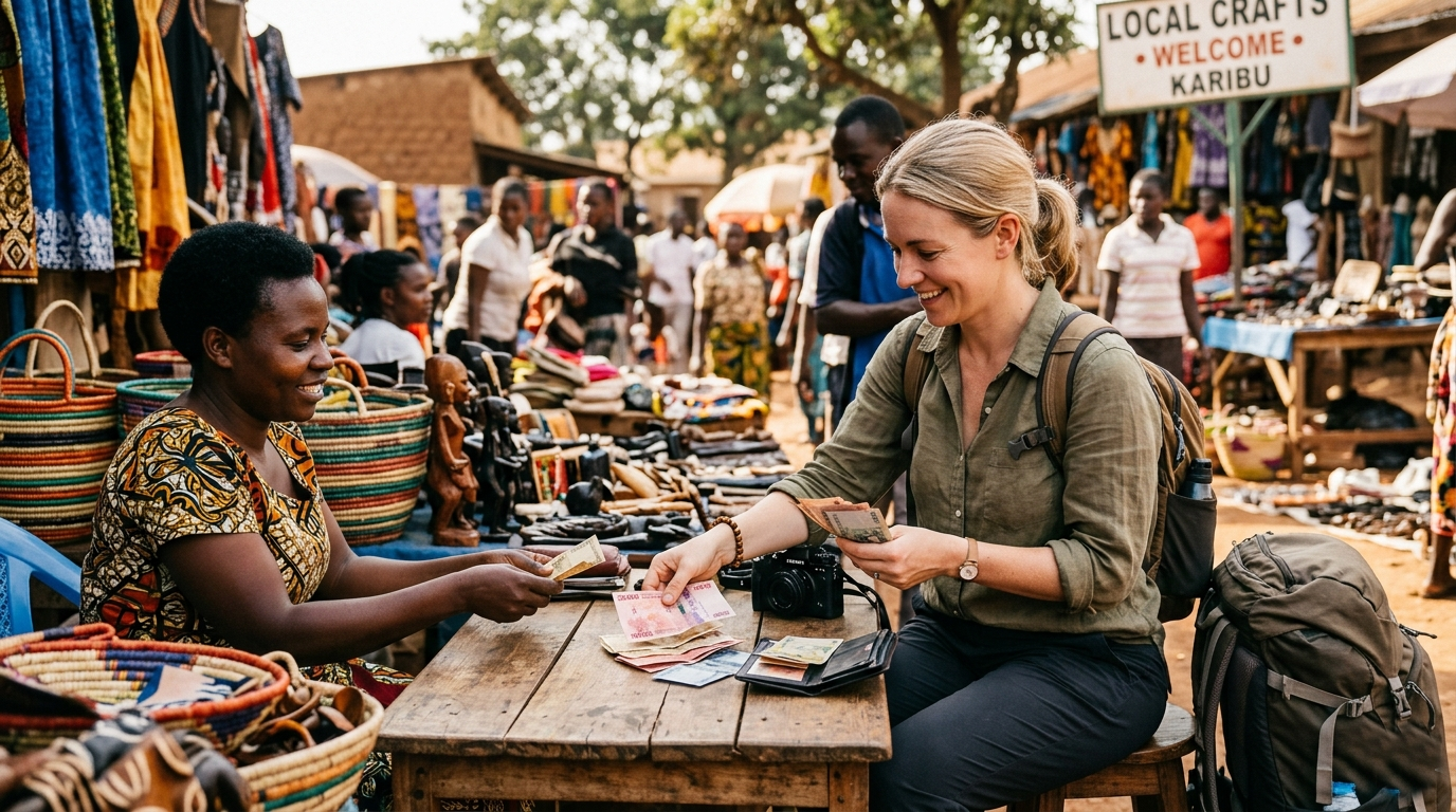 Uganda Currency Guide 11 An international traveler pays with Ugandan shillings at a craft market.
