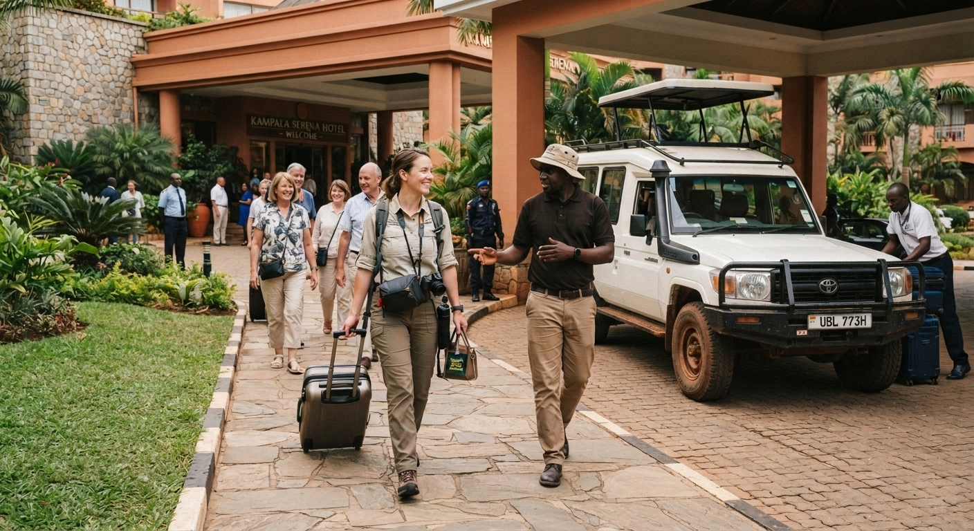 Uganda Safety Guide 7 Tourists walking safely outside a secure Kampala hotel near a safari vehicle.