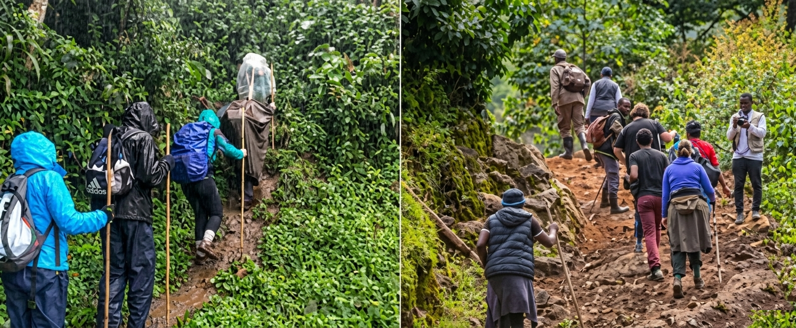 Uganda Weather Guide 5 Hikers navigating muddy trails in raincoat gear and sunny upland terrain