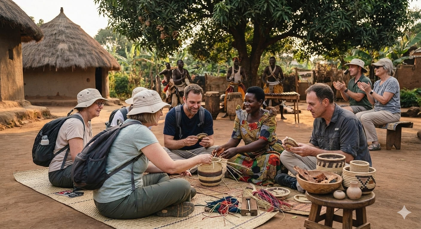 Uganda Culture Guide 39 Travelers learning traditional basket weaving from a local artisan in Uganda.