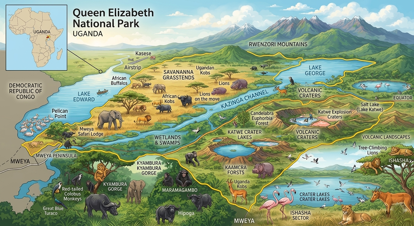 Queen Elizabeth National Park Guide 1 Illustrated map of Queen Elizabeth National Park in Uganda.