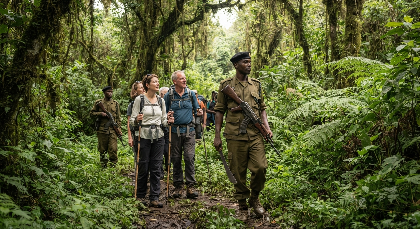 Uganda Safety Guide 1 Tourists hiking with an armed wildlife ranger in a dense Ugandan forest