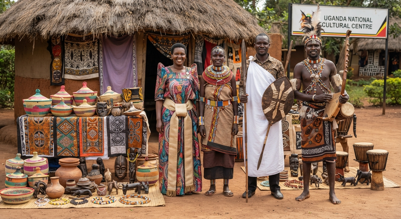 Uganda Culture Guide 33 Four people in traditional Ugandan attire standing near crafts.