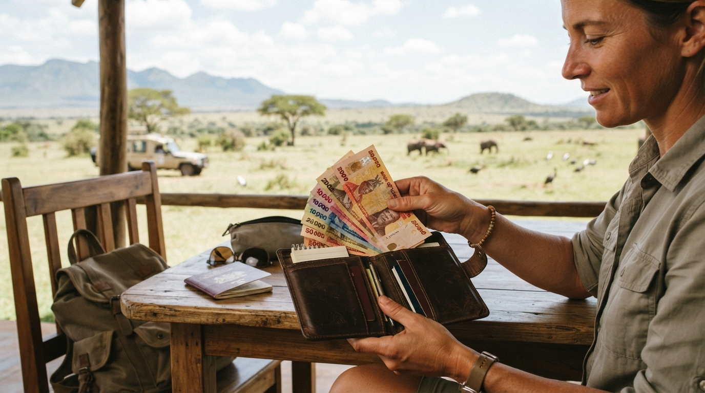 Uganda Currency Guide 13 A traveler counts Ugandan shilling notes from a wallet at a safari camp