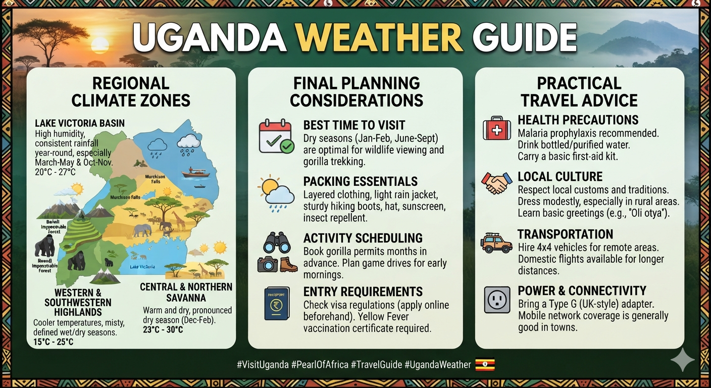Uganda Weather Guide 17 Graphic outlining Uganda regional climate zones, planning tips, travel advice