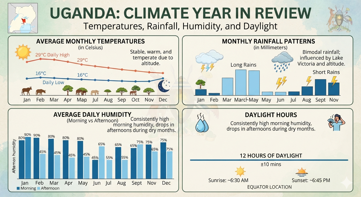 Uganda Weather Guide 11 Four charts showing Uganda's yearly temperature, rain, humidity, and daylight