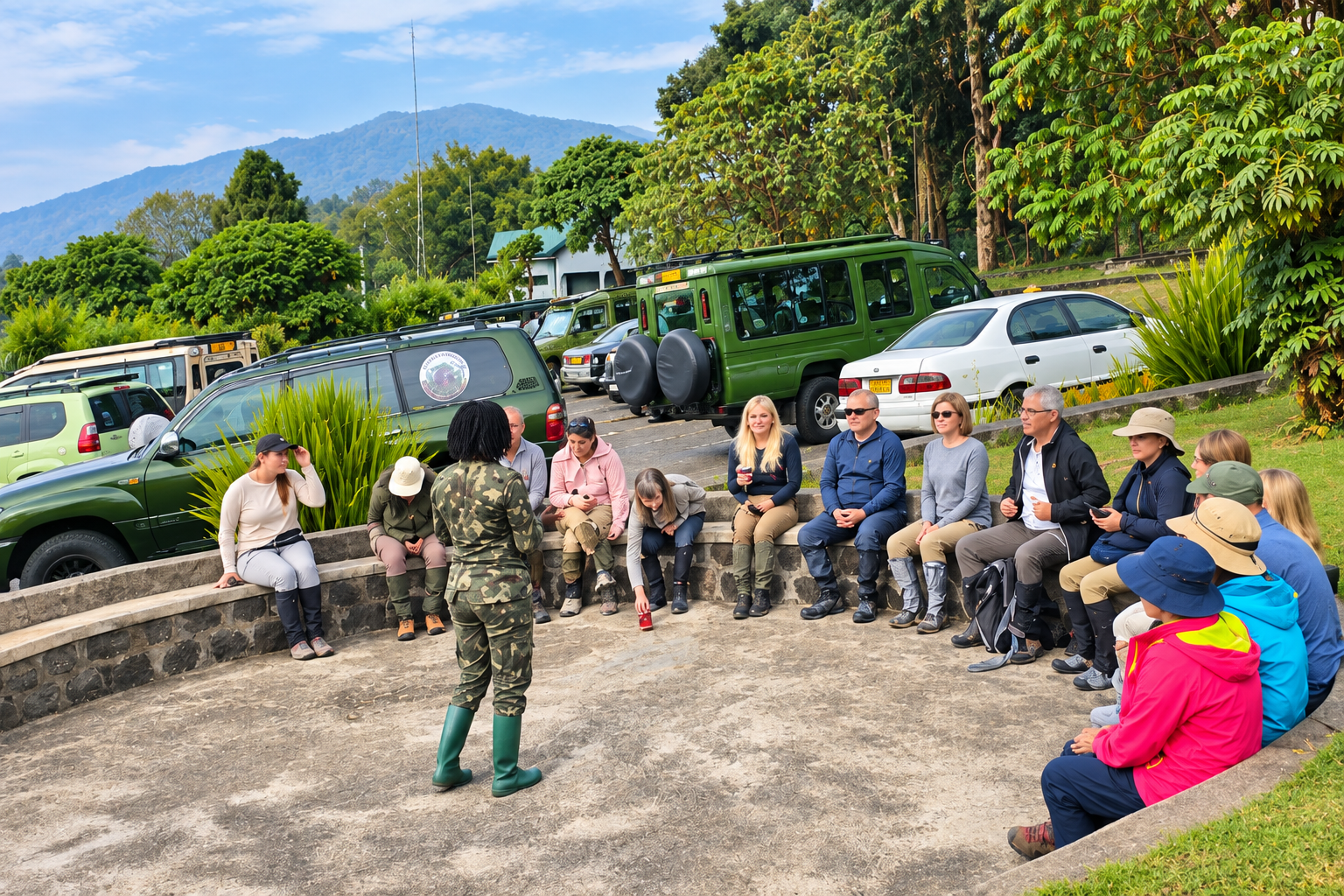 Gorilla trekking tourists and silverback in Bwindi Impenetrable National Park Uganda
