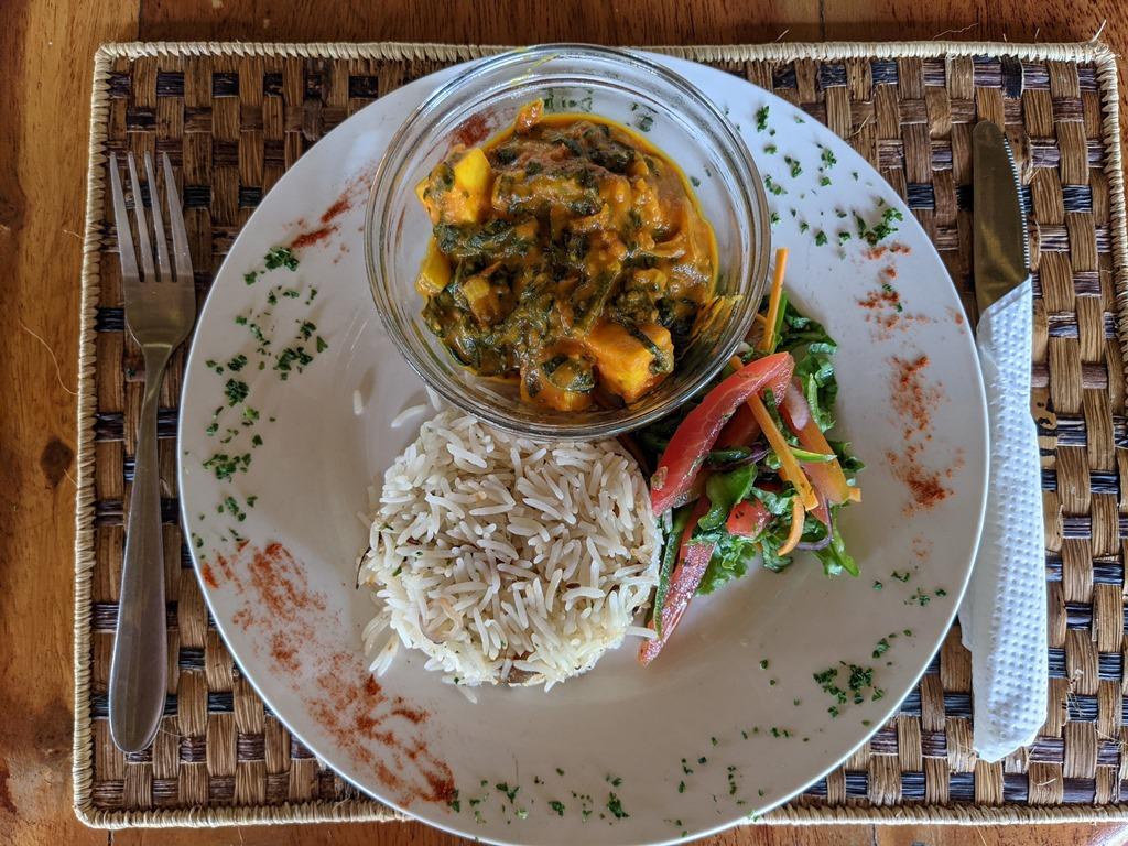 Halal-friendly meal with rice, vegetables and curry served during a Uganda safari from Malaysia