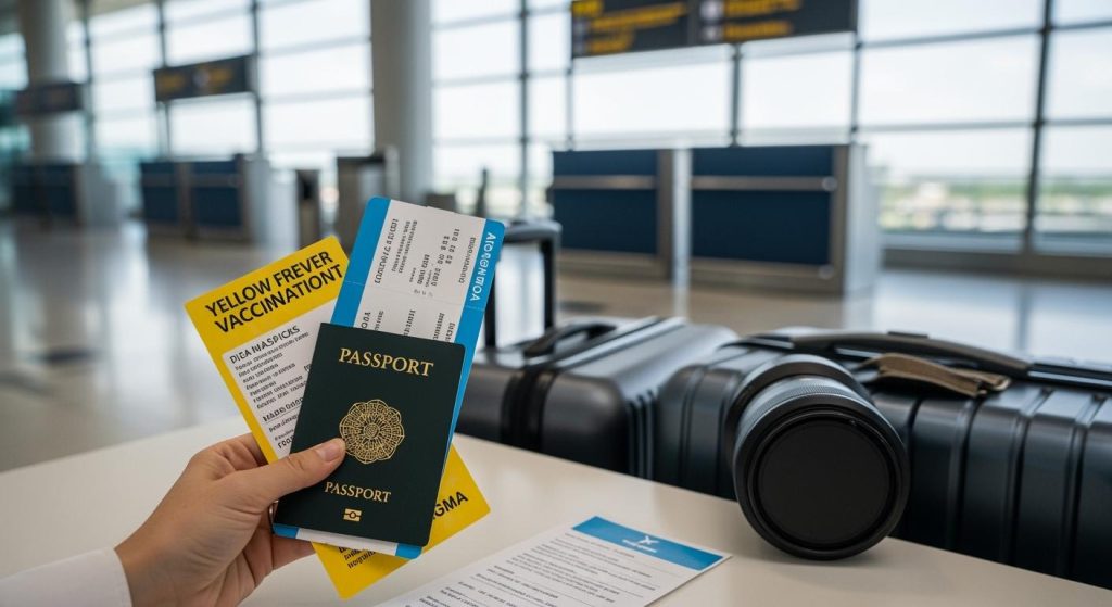 Malaysian traveler preparing passport and travel documents for a Uganda safari