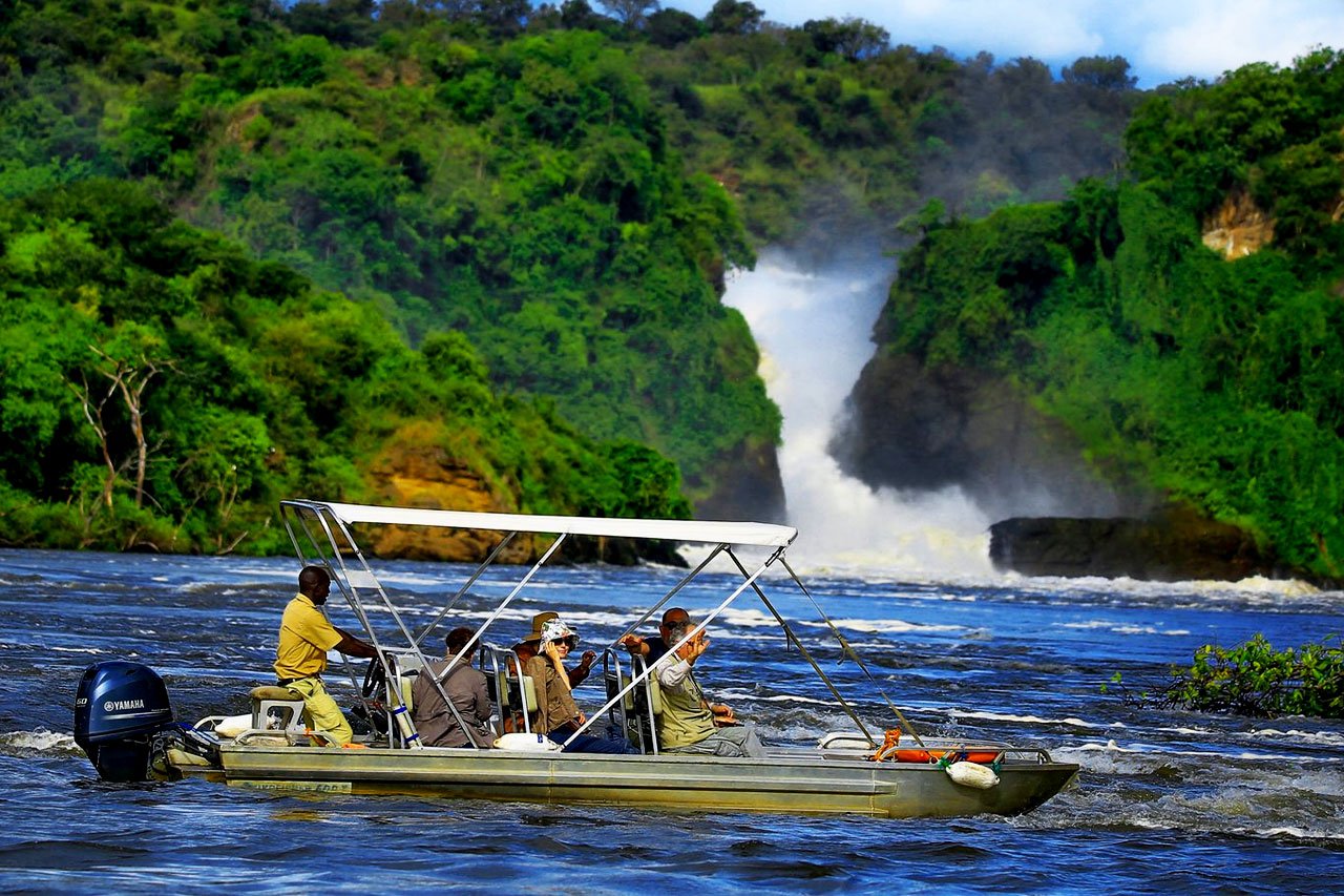 Uganda Safari Cost from Singapore 8 Boat cruise approaching Murchison Falls on the Nile in Uganda